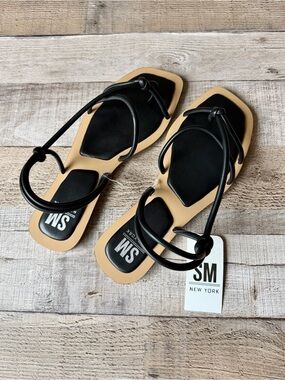 SM New York Molly Black Ankle Wrap Flat Sandals Size 8 NWT